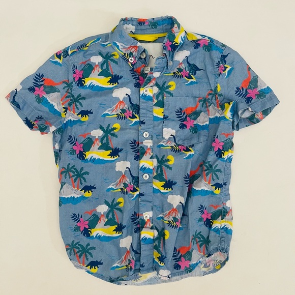 Boden Boys Linen blend short sleeve Button Up size 7-8 dinosaurs and volcano - Picture 1 of 4